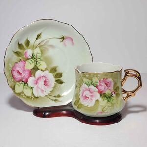 Lefton Teacup and Saucer Green Heritage Pink Roses